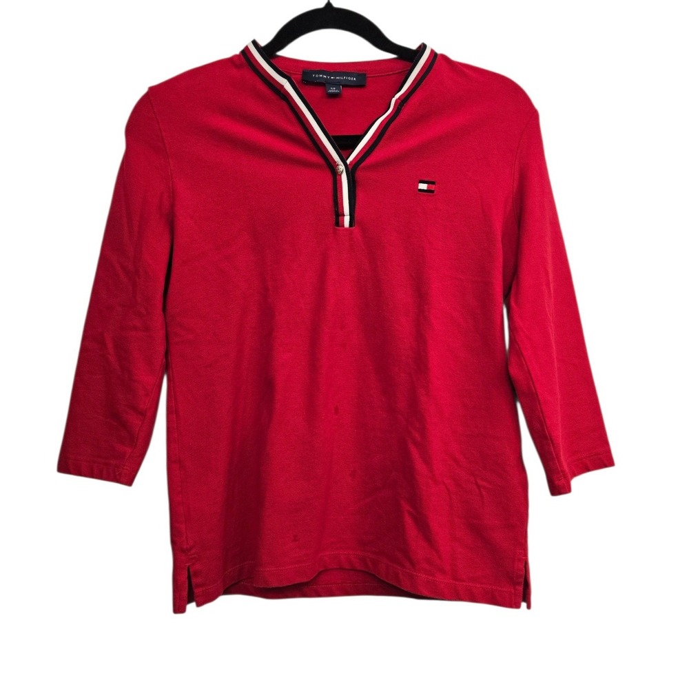 Tommy Hilfiger Red 3/4 Sleeve Top Women Small Preppy Classic Coastal Grandmother